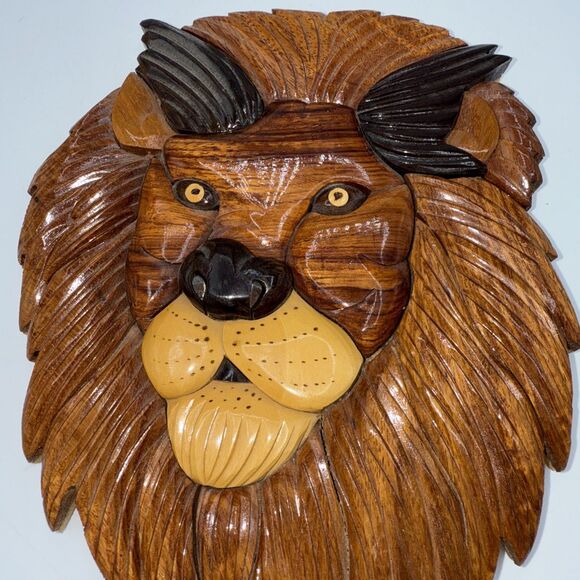 Intarsia Wood Handcrafted Lion Wall Art Hanging Plaque King Of The Jungle 9” - Picture 9 of 13